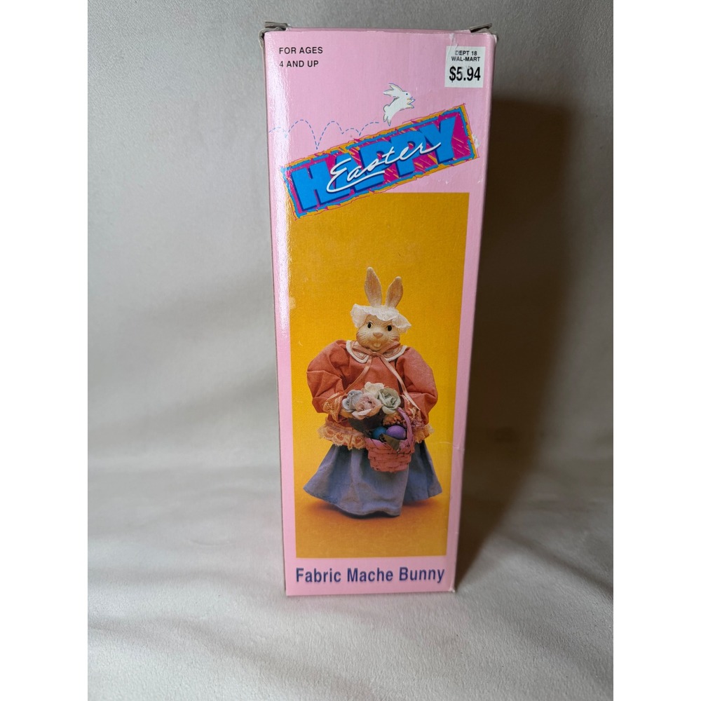 Happy Easter Fabric Mache Bunny carrying basket & eggs NIB Rabbit Decor Figurine